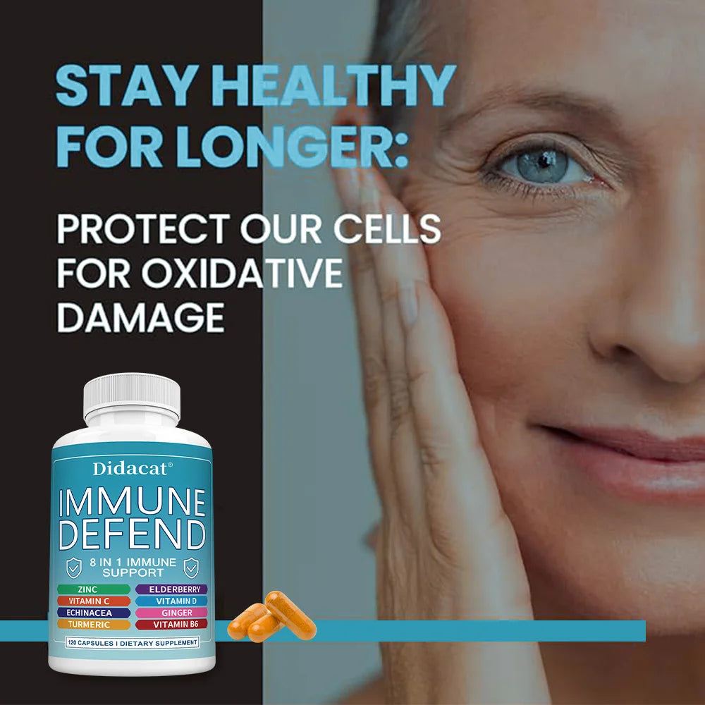 Advanced Immune Support, 8-in-1 Supplement, with Vitamin C, D, B6, Zinc, Elderberry, Turmeric, Ginger & Echinacea, Antioxidants