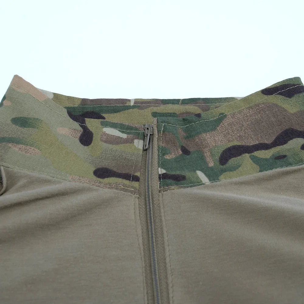 Mens Tactical T-shirt Camouflage Patchwork Outdoor Quick Drying Training Tops Half Zip Stand Collar Waterproof Hunting Pullover