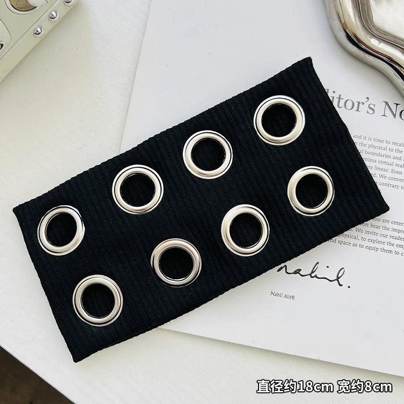 Punk Girl Fabric Hollow Elastic Headbands Metal Rock Personalized Hollow Eyelets Hair Band Casual Sports Grommet Headband