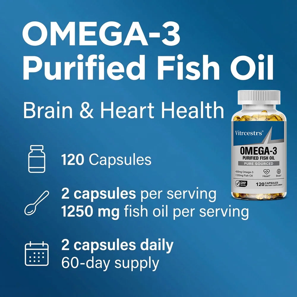 Omega 3 Fish Oil 1250mg Softgels - 400mg EPA 300mg DHA, High Potency Brain Heart Joint Health, Wild Caught, 60/120 Counts
