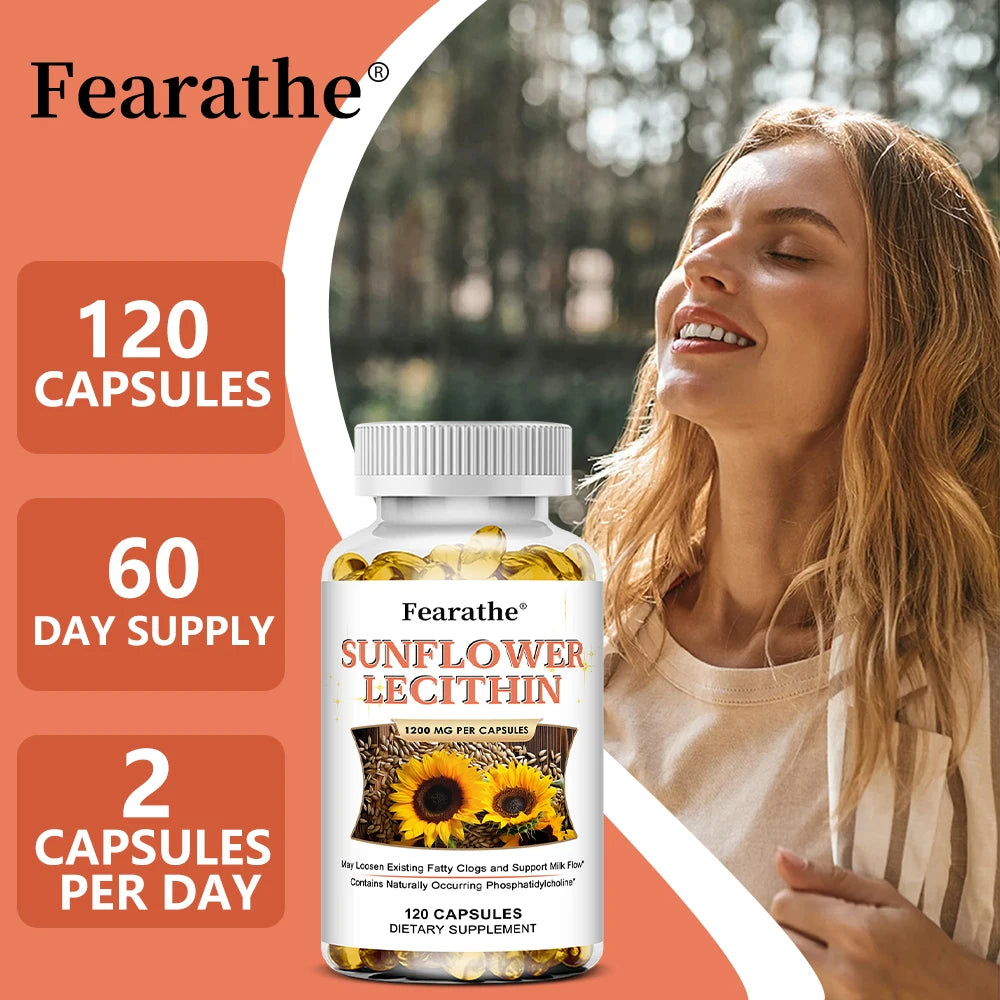 Sunflower Lecithin Supplement, 1200 Mg, Energy Support, Relieves Blocked Milk Ducts, Promotes Liver and Brain Health, Non-GMO
