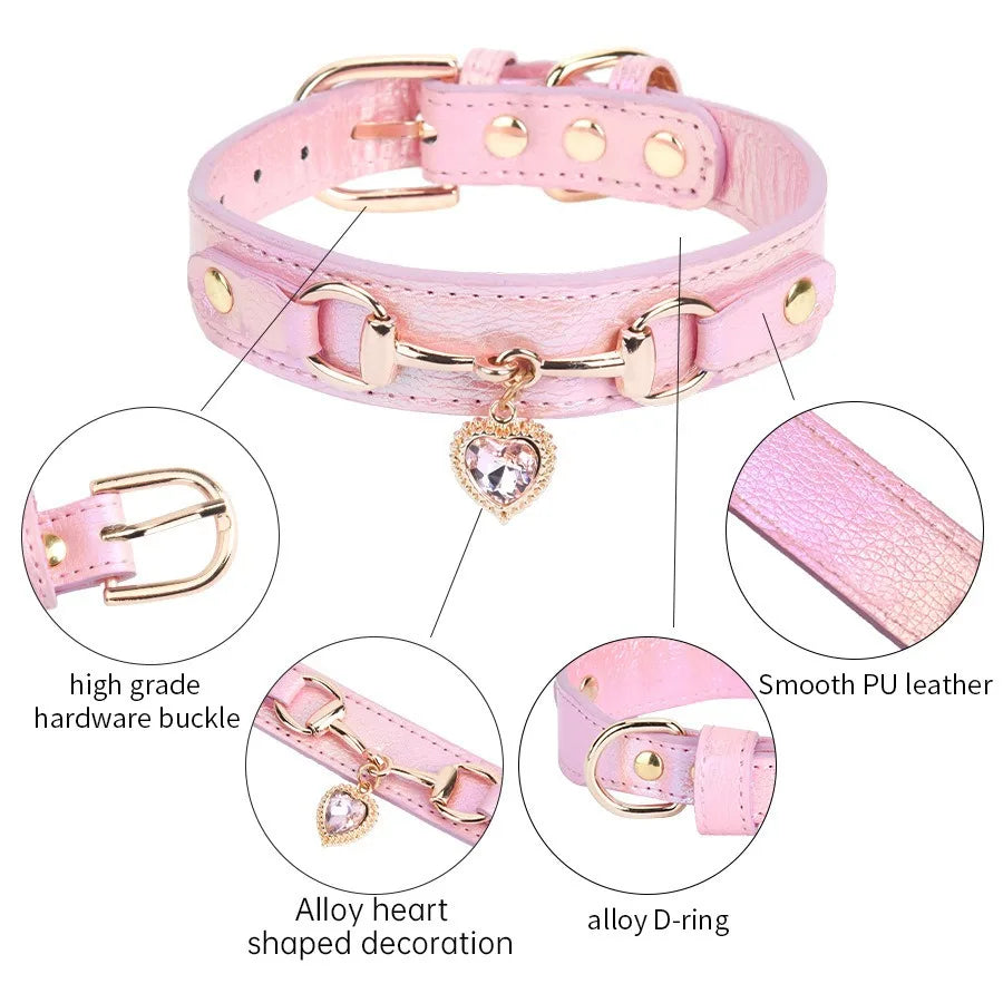 New Dog Collar Love Water Diamond PU Collar Metal Accessories Cat Neck Ring Fashion Design Cat Necklace