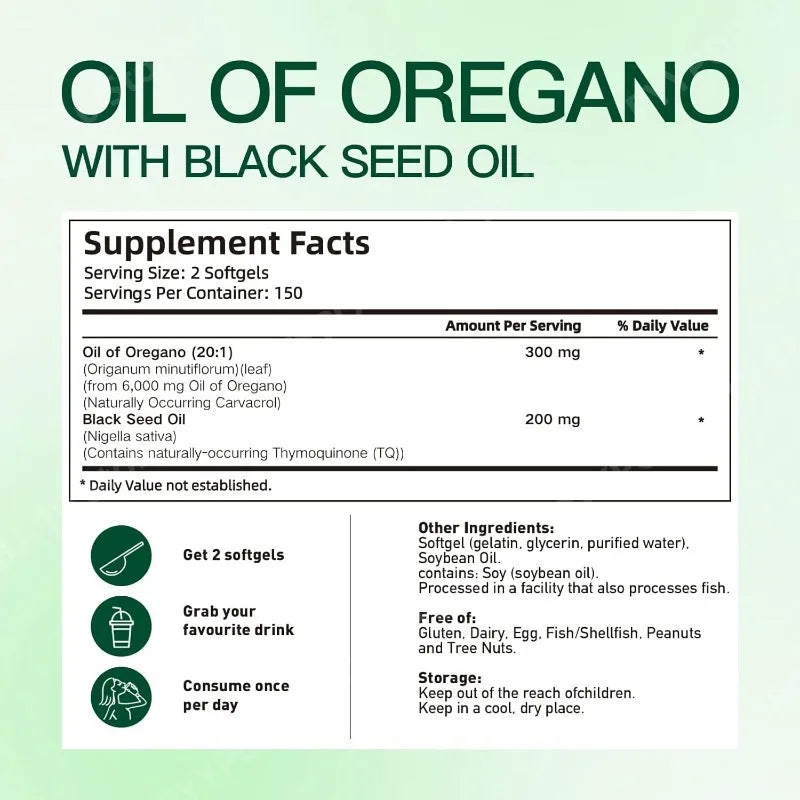 Oil of Oregano with Black Seed Balanced Capsules Organic Softgels Carvacrol Thymoquinone Dietary Supplement for Wellness