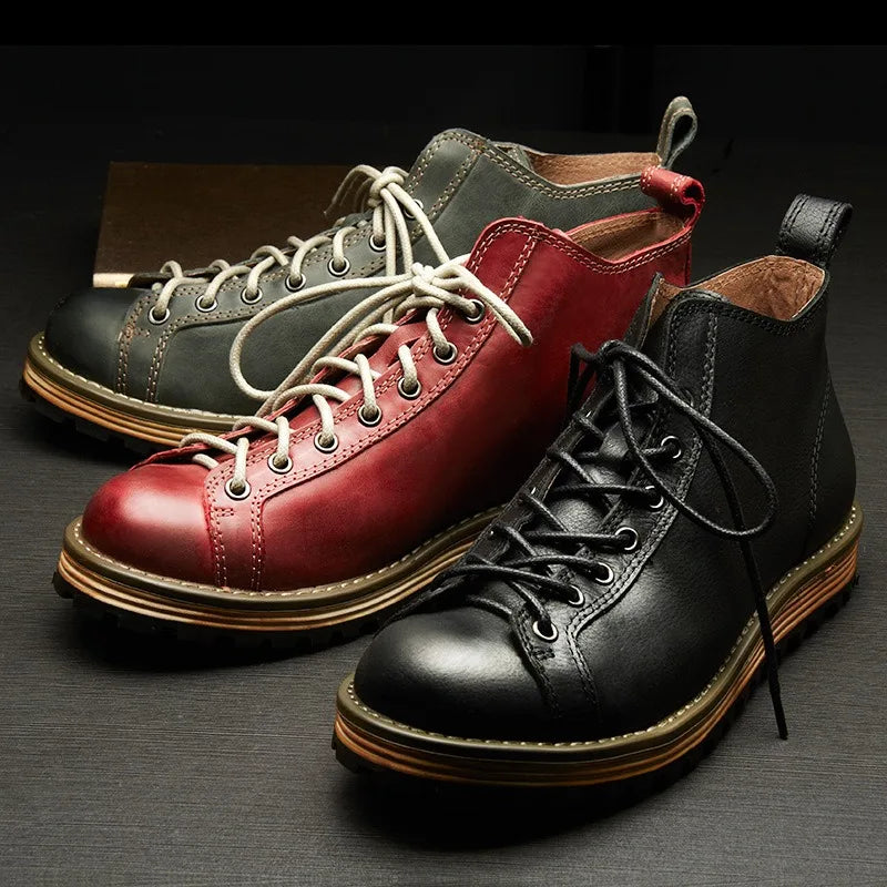 Motorcycle Riding Boots Men's Retro Leather Big Head Shoes British Work Thick Soles High Top Casual Boots