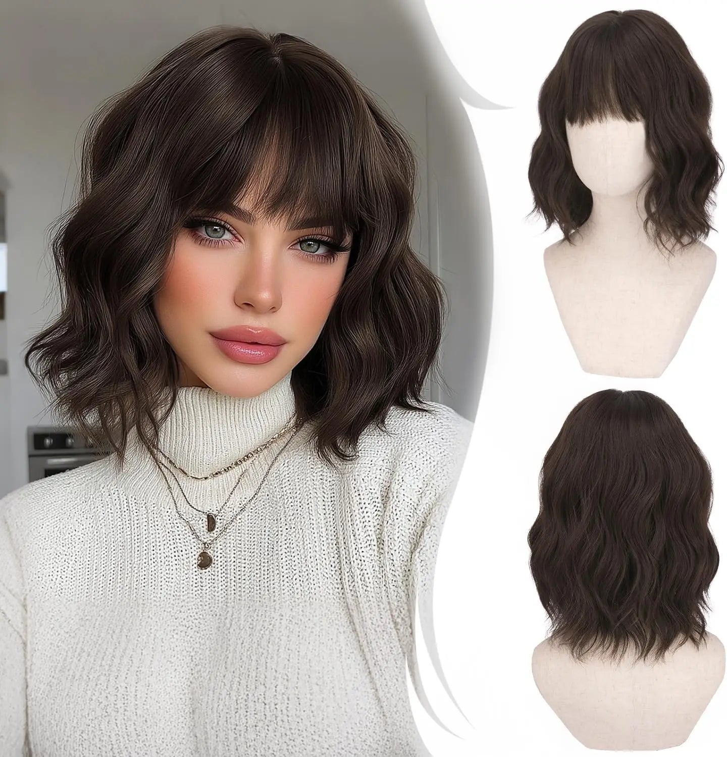 Short Wavy Bob Wig with Bangs Women Brown Highlight Synthetic Wig for Women Natural Curly Wig for Cosplay Daily Party Hallo