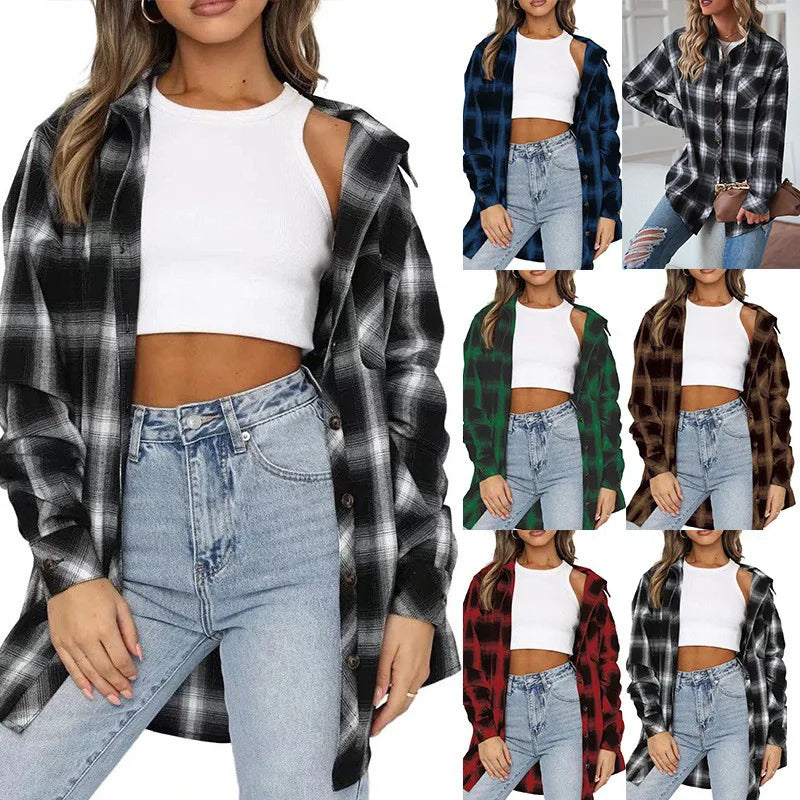 2025 Women's Retro Plaid Shirt Long Sleeve Button Cardigan Top Loose Street Fashion Casual Blouses for Female