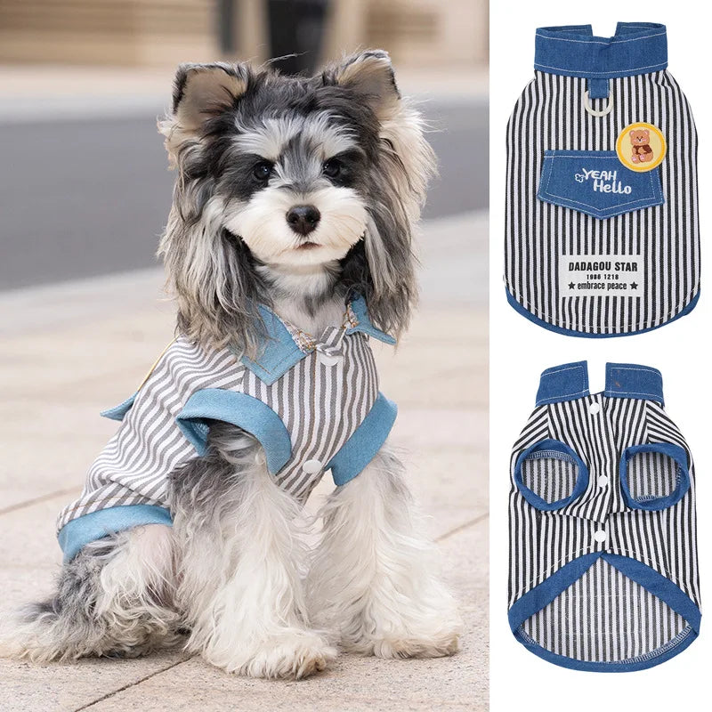 Pet dog cat clothing breathable denim pet clothes for spring summer new striped Jean Teddy Vest Yorkshire Shirt Apparel Supplies