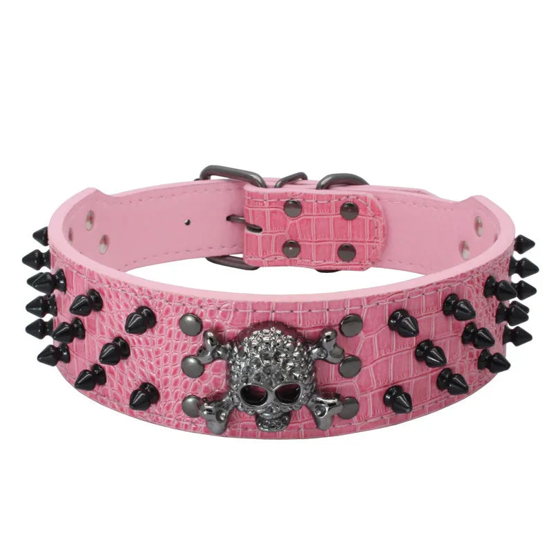 Halloween Gothic Black Skull Studded Dog Collar & PU Leash Set – Anti-Chew for Medium Large Breeds, French Bulldog