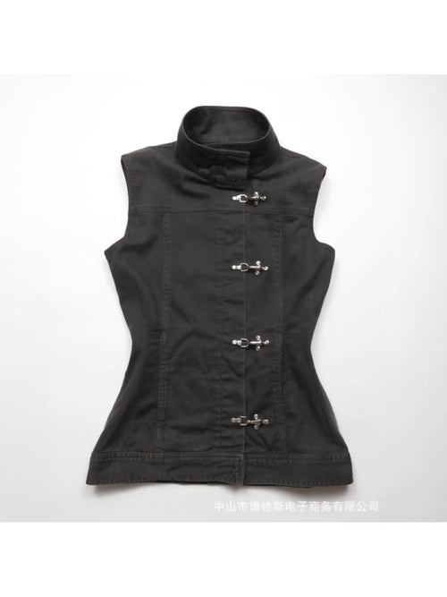 2026 new summer punk style metal buckle stand up collar denim vest American retro Y2K spicy girl slimming street trend niche top
