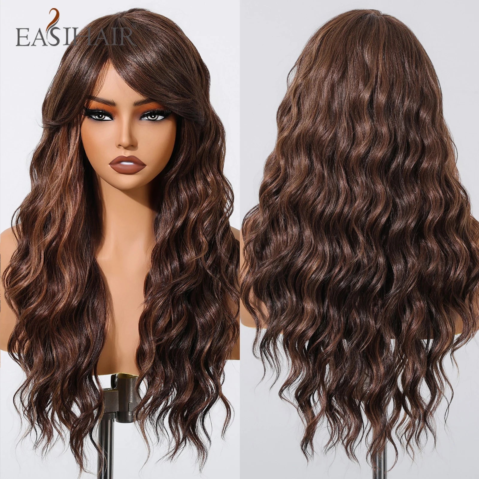 EASIHAIR Long Wavy Synthetic Wigs For Women Brown Blonde Highlight Wavy Wigs With Side Bangs Natural Wave Hair Daily Cosplay Wig