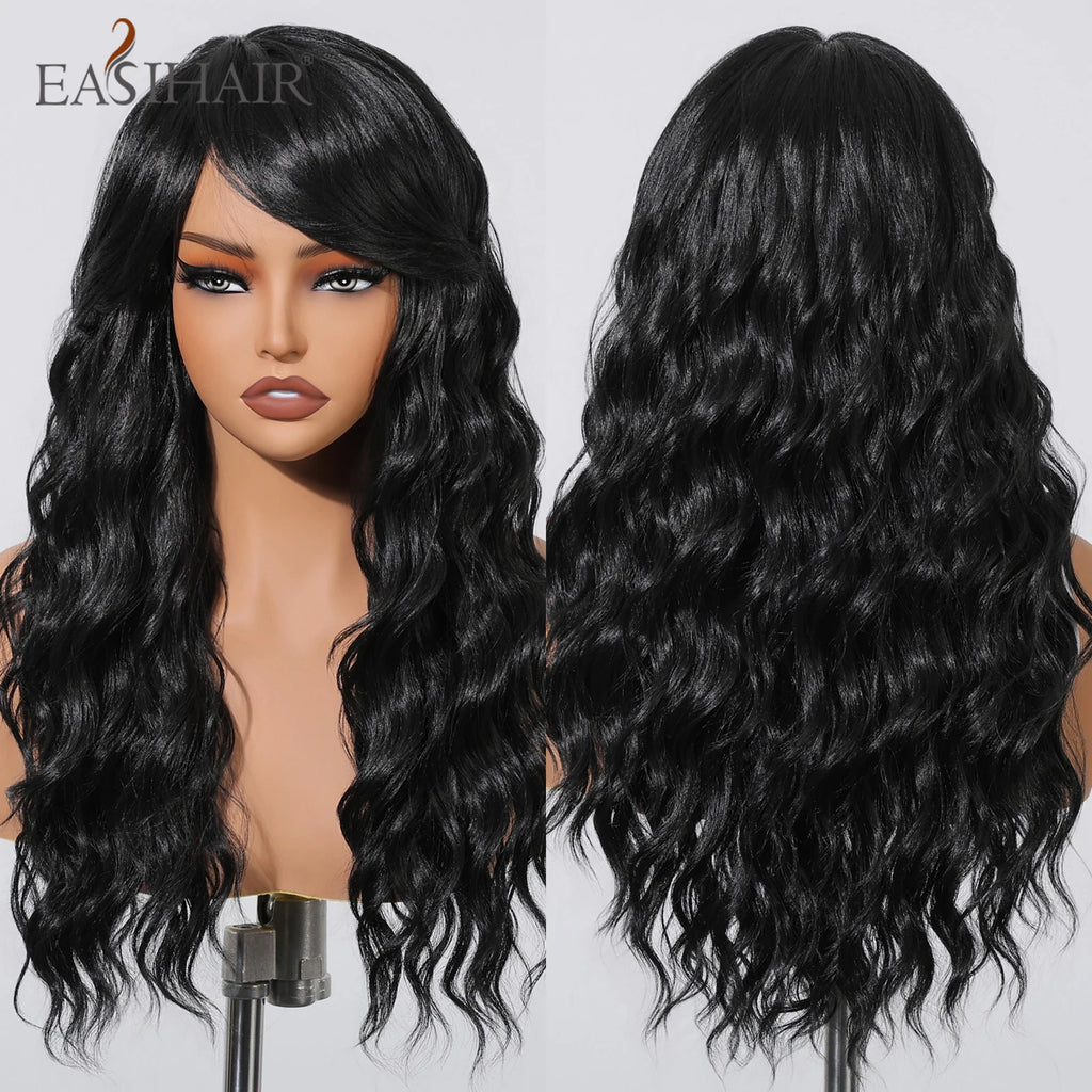 EASIHAIR Long Wavy Synthetic Wigs For Women Brown Blonde Highlight Wavy Wigs With Side Bangs Natural Wave Hair Daily Cosplay Wig