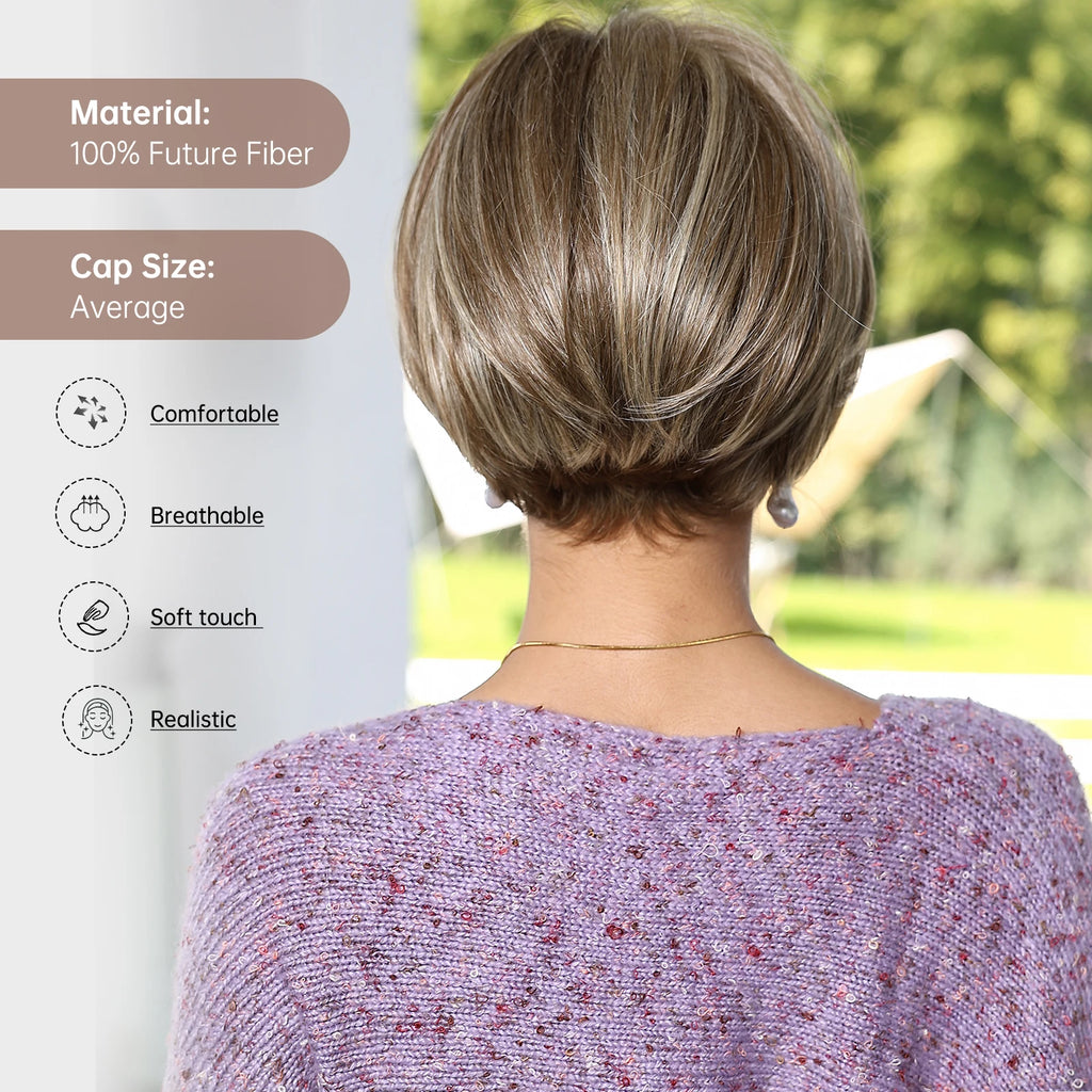 MONO Lace Frontal Synthetic Wigs Short Straight Bob Wig Highlight Gray Brown Blonde Mixed Wig for Women Daily wig Hear Resistant