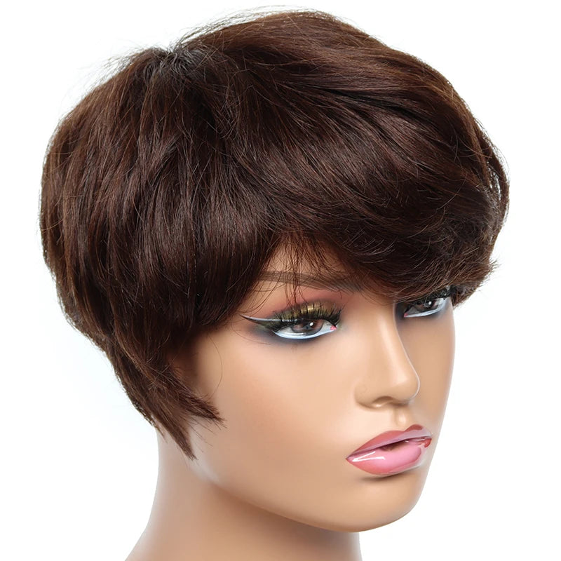 Cheap Short Human Hair Wigs with Bangs 6inch Short Pixie Cut Straight Wig 100% Human Hair for Women Machine Made