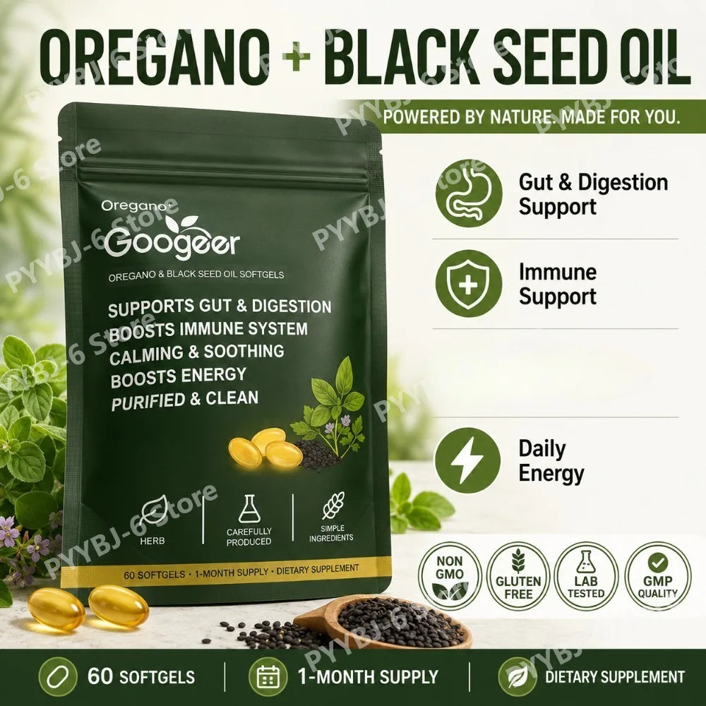 Oregano Black Seed Oil Softgels 60pcs Herbal Supplement for Gut Digestion Immune Energy Support Clean Wellness Formula