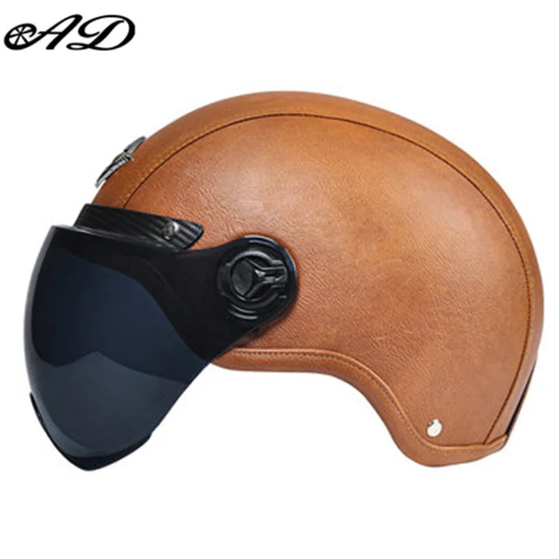 AD Retro Motorcycle Helmets with Harley Visor Leather Helmet for Man Electric Motorbike Vintage Protected Motor Safety Cap