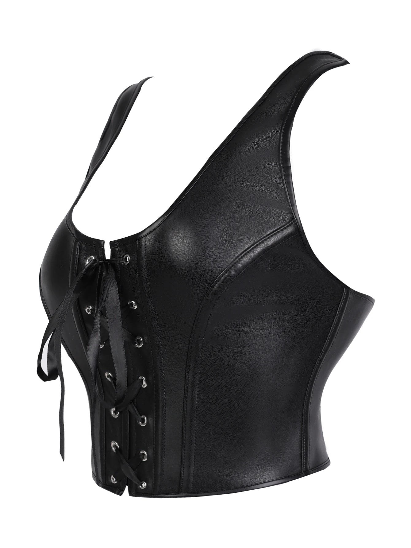 Punk style genuine leather blazer with wide shoulder straps and front ties for waist cinching and shaping. Short, tight corset.