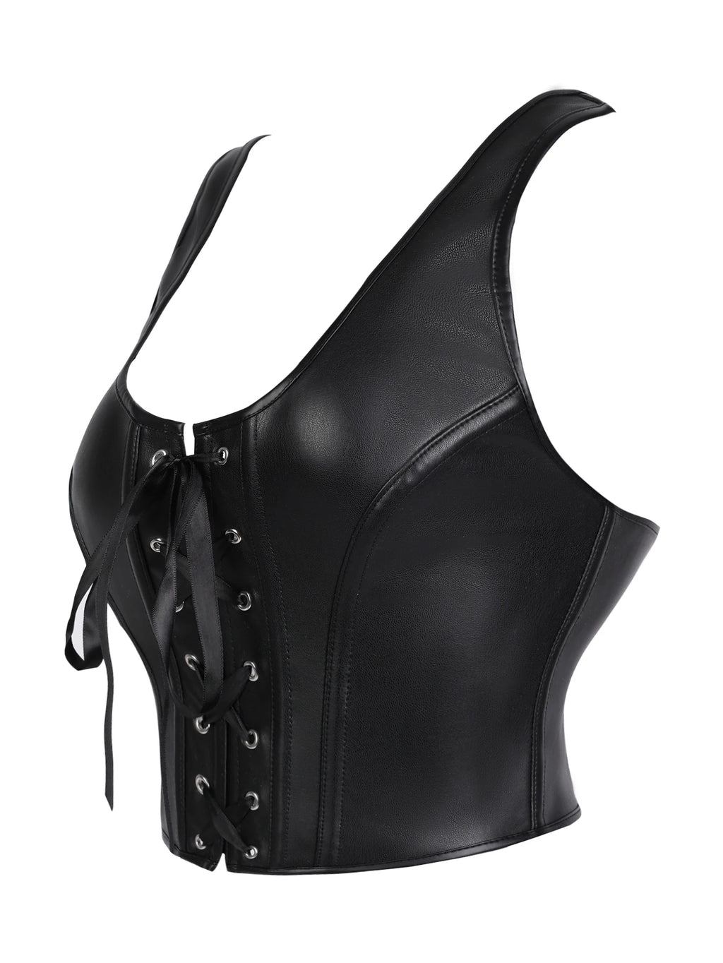 Punk style genuine leather blazer with wide shoulder straps and front ties for waist cinching and shaping. Short, tight corset.