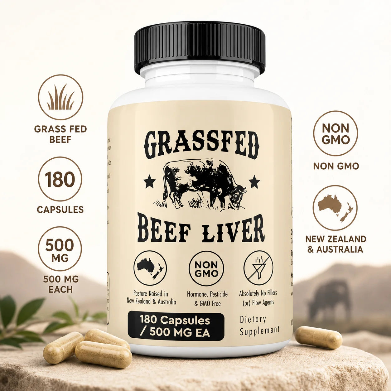 Grassfed Beef Liver Capsules 500mg Each, Pasture Raised Bovine Liver Supplement, Non GMO, 180 Capsules
