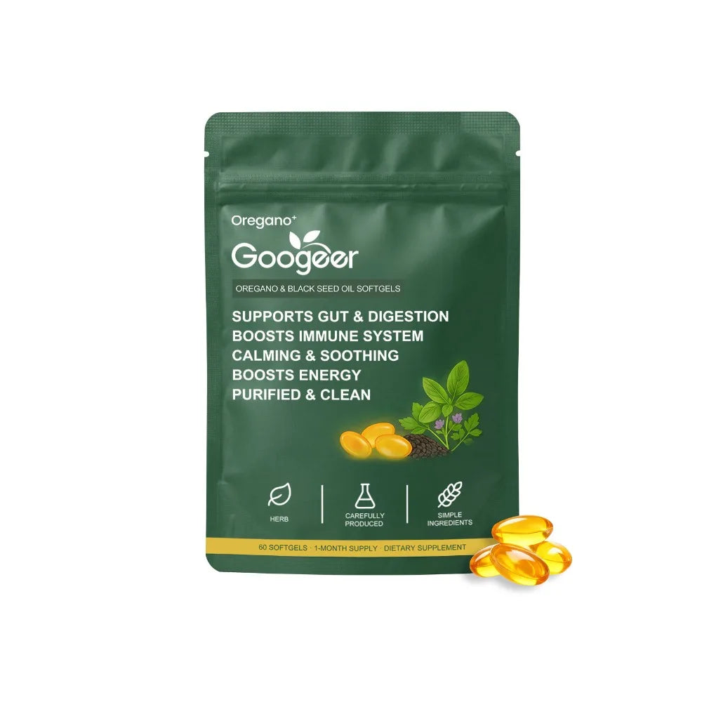 Oregano Black Seed Oil Softgels 60pcs Herbal Supplement for Gut Digestion Immune Energy Support Clean Wellness Formula