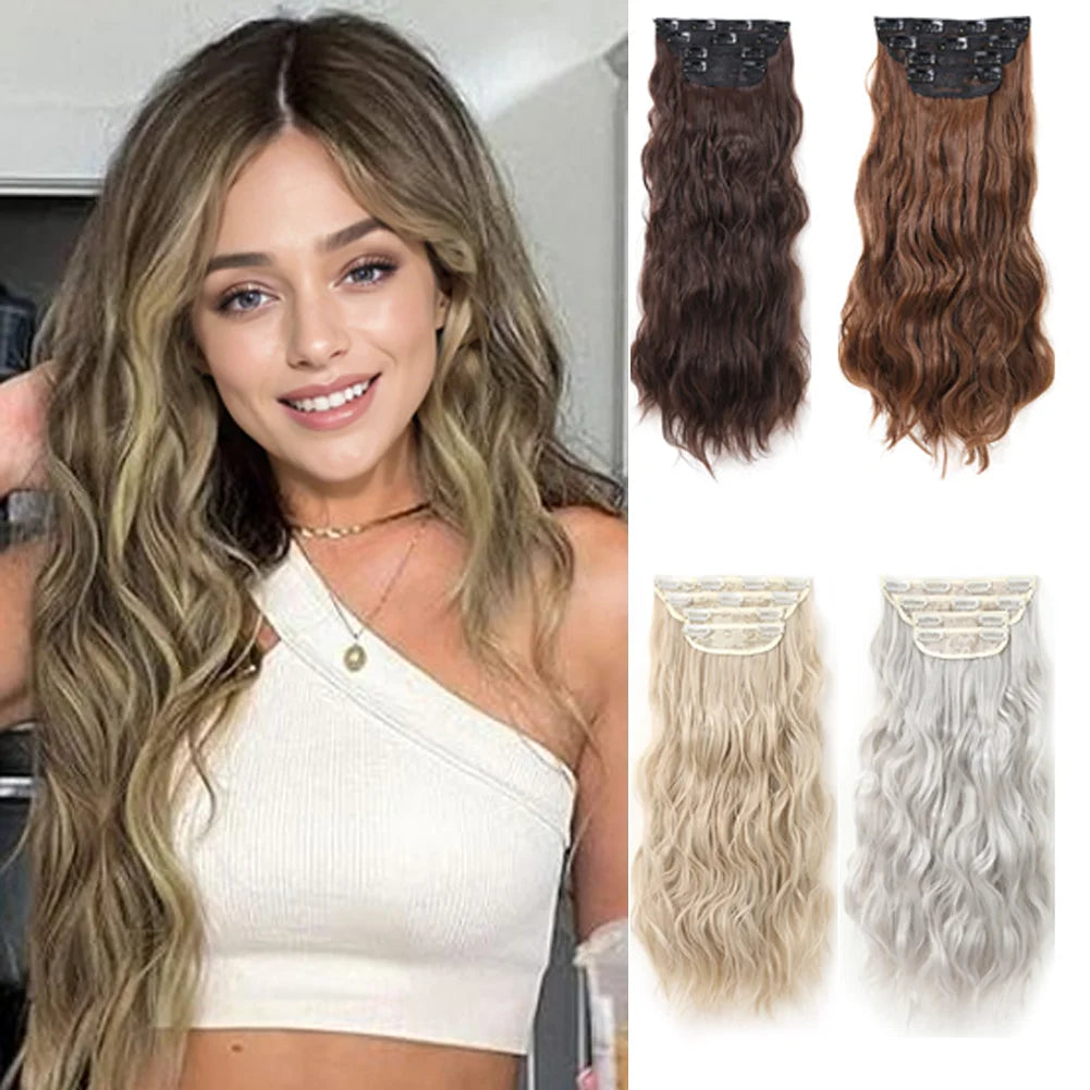 4Pcs/Set 16/20/24 Inch Synthetic Hair Clip In Long Wavy Thick Double Weft  Hair Extensions Hairpieces For Women