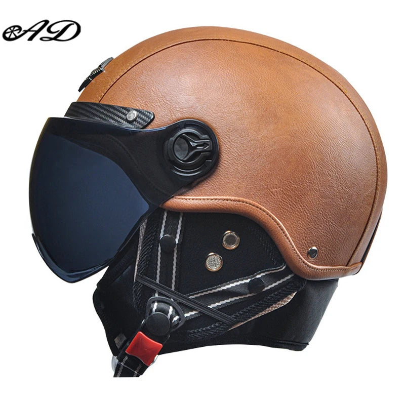 AD Retro Motorcycle Helmets with Harley Visor Leather Helmet for Man Electric Motorbike Vintage Protected Motor Safety Cap