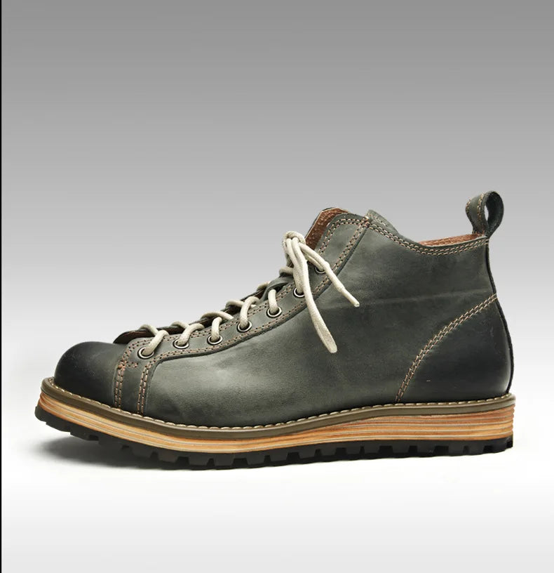 Motorcycle Riding Boots Men's Retro Leather Big Head Shoes British Work Thick Soles High Top Casual Boots