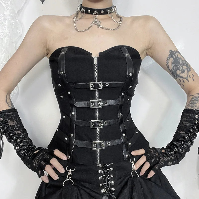 Goth Sexy Punk Leather Corset Crop Tops Camis Y2K Harajuku Aesthetic Black  Basic Tank Top Summer Women Grunge Emo Streetwear