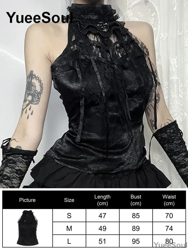 Gothic Crop Tops Black Lace Mesh Tanks Tops 2026 New Y2K Goth Punk Grunge Fairy Core Sexy Y2K Halloween 2000s Women Clothing