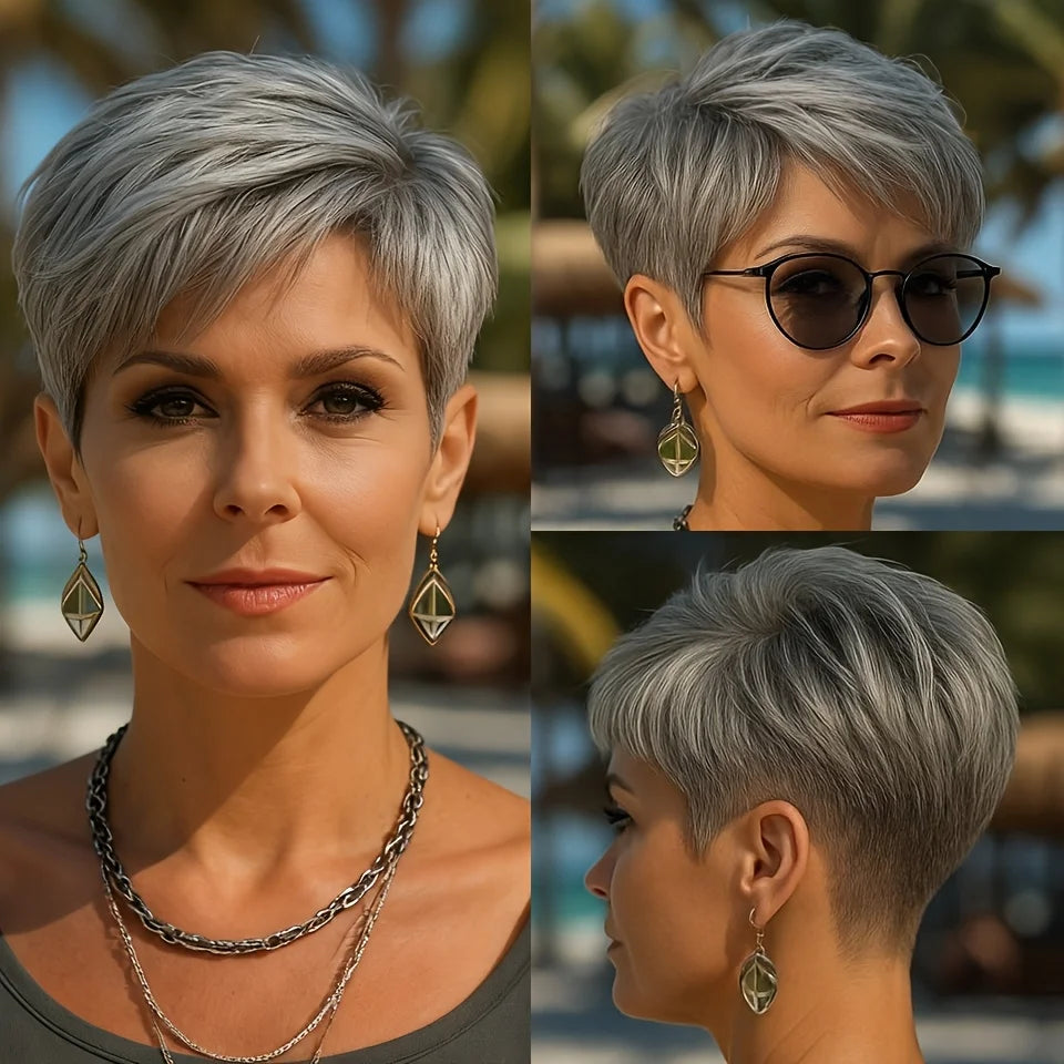 Short Gray Human Hair Wig for Women with Bangs Layered Pixie Cut Straight Hair with Machine Made Wig