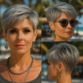 Short Gray Human Hair Wig for Women with Bangs Layered Pixie Cut Straight Hair with Machine Made Wig