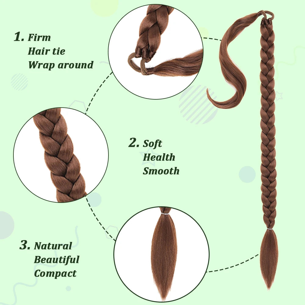 Ponytail Extensions Synthetic Boxing Braids Wrap Around Chignon Tail With Rubber Band Ombre Braid Hair Long Braided Ponytail