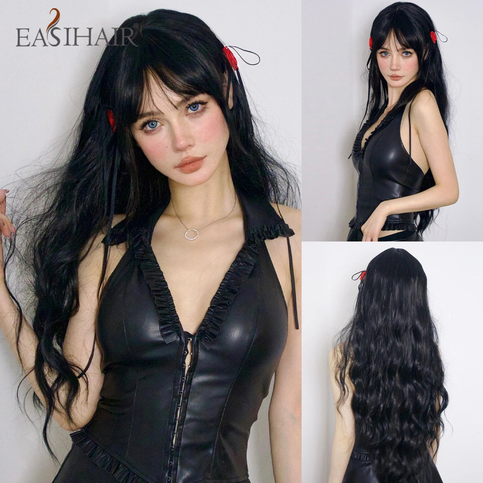 EASIHAIR Long Wavy Synthetic Wigs For Women Brown Blonde Highlight Wavy Wigs With Side Bangs Natural Wave Hair Daily Cosplay Wig