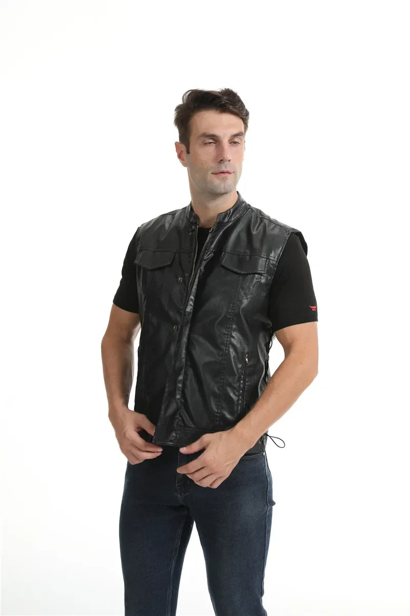Men's Punk Style Leather Vests With Bandage Fashion Club Stage Wear Waistcoat Skinny PU Sleeveless Jacket For Male Size M-4XL