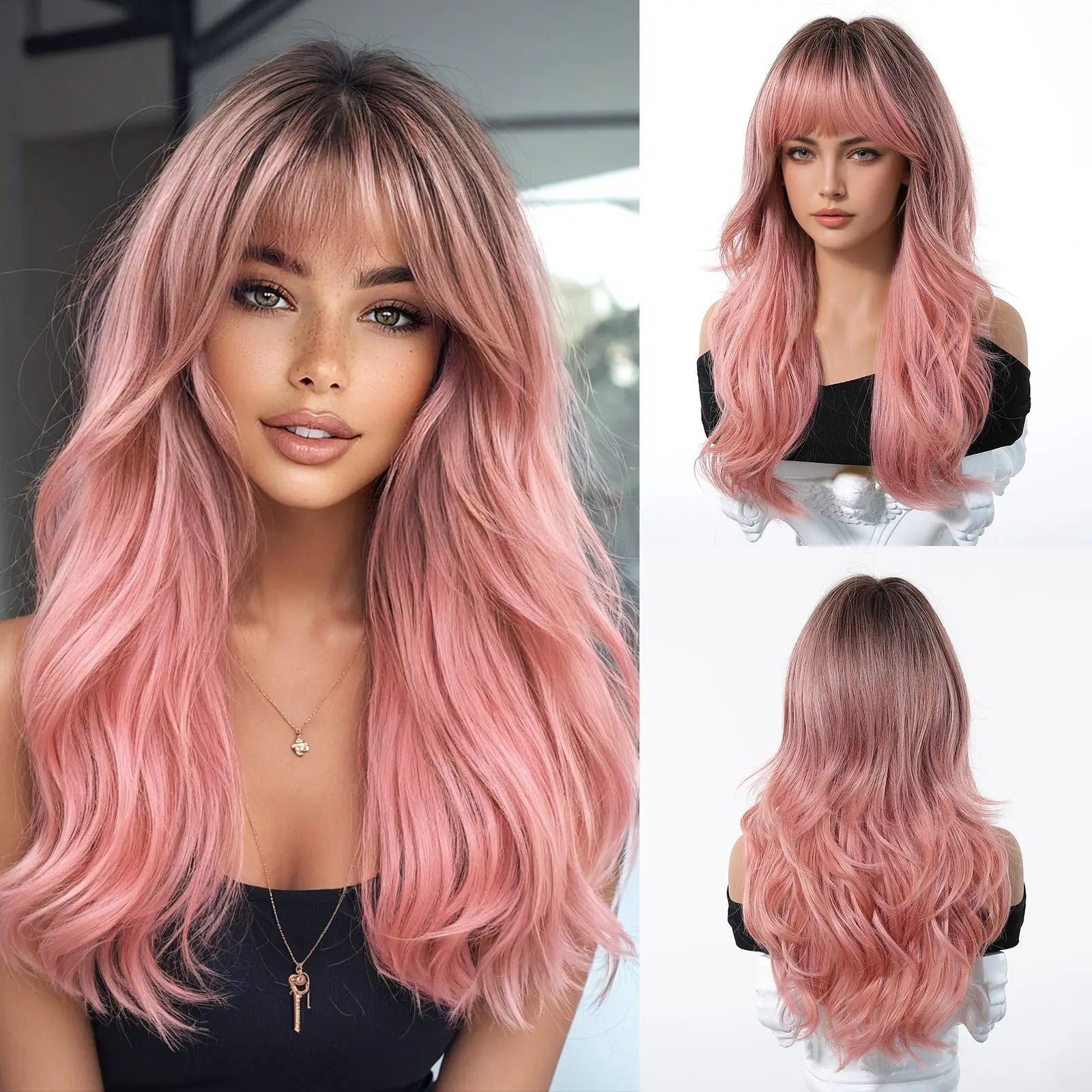 EASIHAIR Long Wavy Synthetic Wigs For Women Brown Blonde Highlight Wavy Wigs With Side Bangs Natural Wave Hair Daily Cosplay Wig