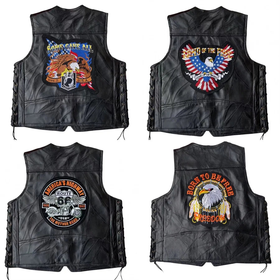 Motorbike Embroidered Men Motorcycle Leather Vests Punk Sleeveless Jacket Riding Biker Waistcoat Men's Clothing Streetwear