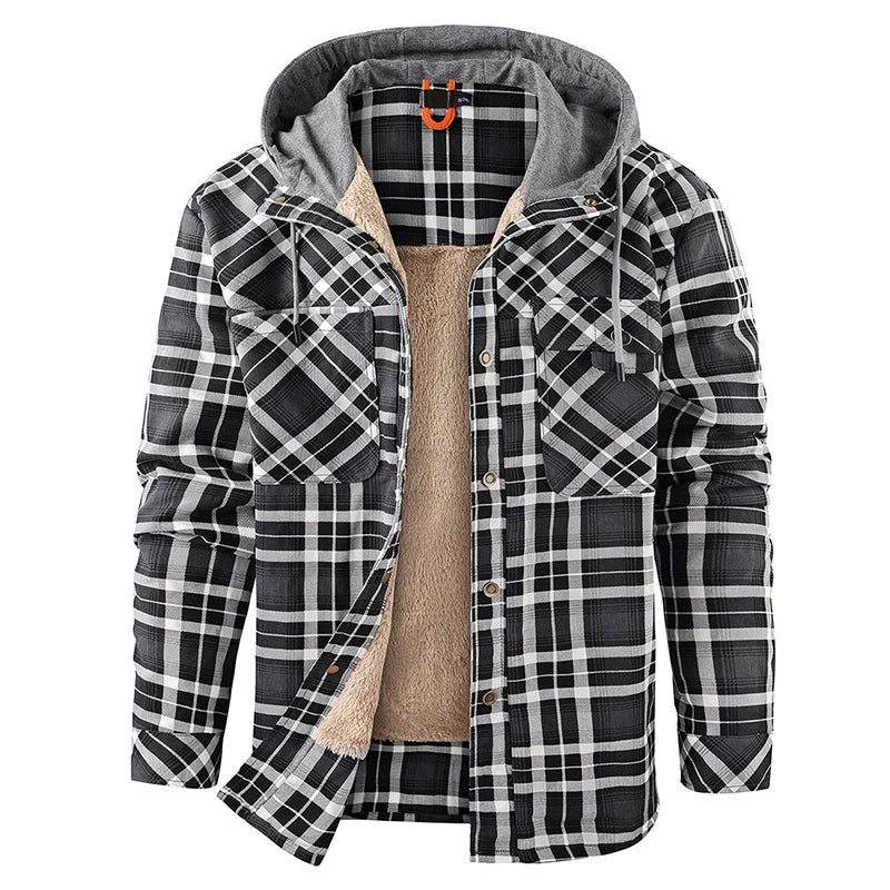 Winter Men Plaid Fleece Shirts Coats Mens Hooded Casual Shirts Man Sport Outdoor Loose Shirt Jacket Men Button Down Hoodie Shirt