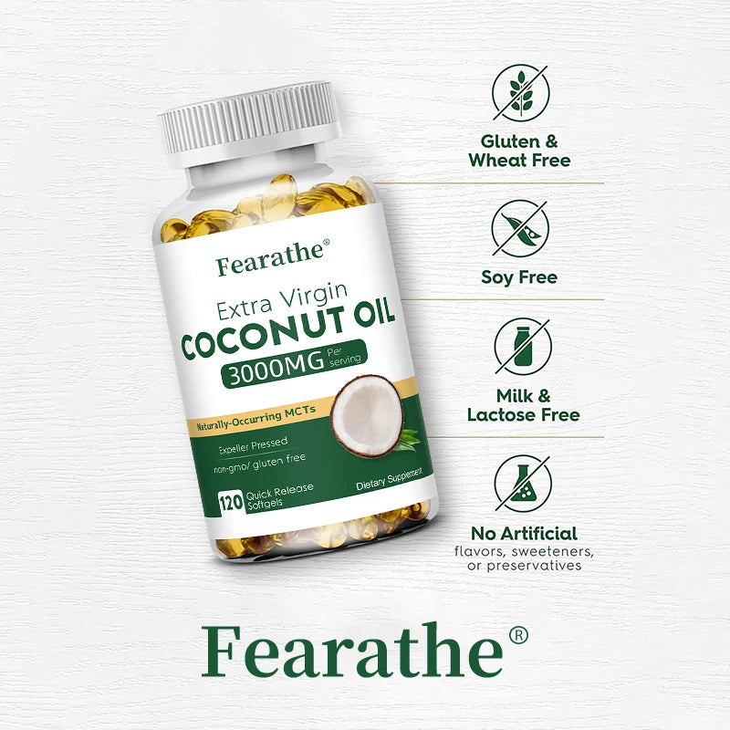 Extra Virgin Coconut Oil, 3000mg, 30/60/120 Softgels, Expeller Pressed Supplement Support for Hair, Nails & Skin Health, Non-GMO