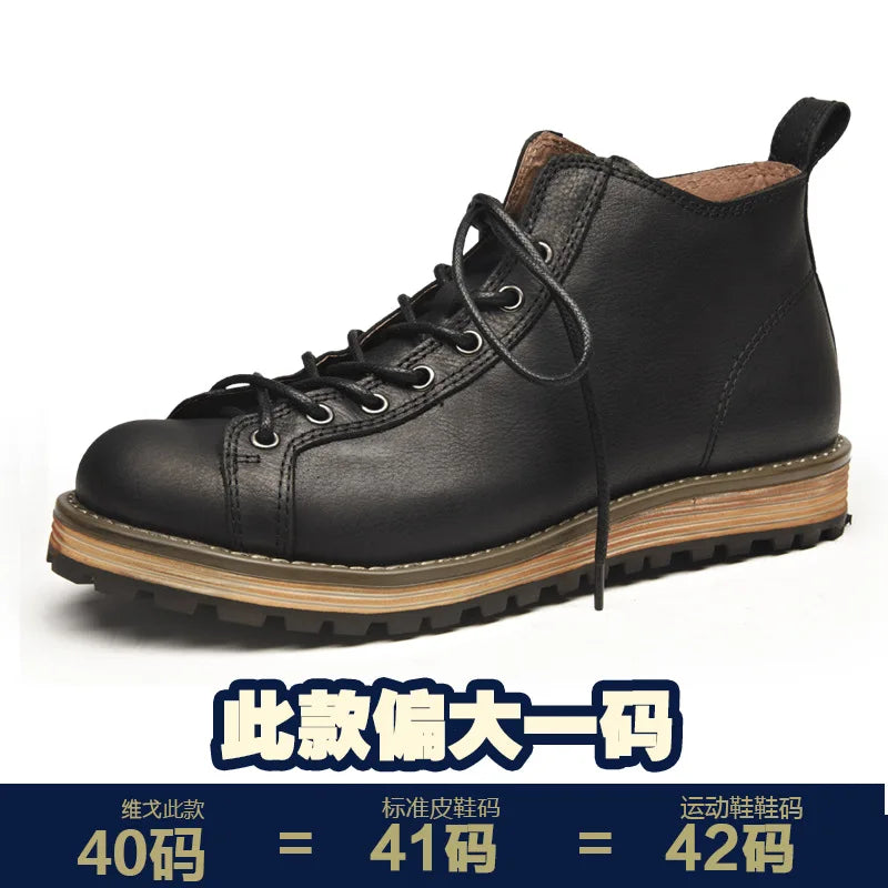 Motorcycle Riding Boots Men's Retro Leather Big Head Shoes British Work Thick Soles High Top Casual Boots