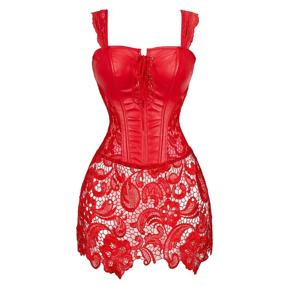 Women Steampunk Corset Dress Gothic Sexy Faux Leather Zipper Bustier Lace Skirt  Korsett Corsets Top
