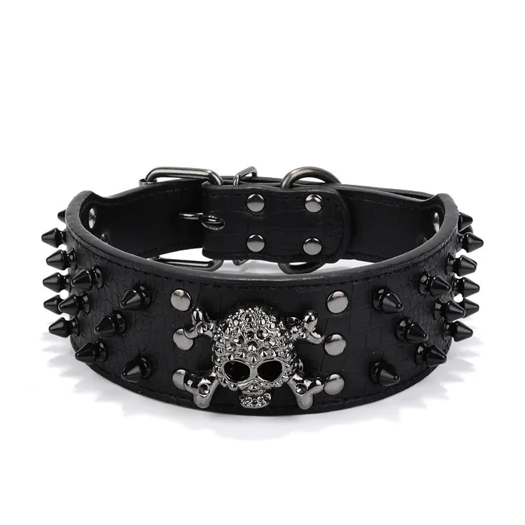 Halloween Gothic Black Skull Studded Dog Collar & PU Leash Set – Anti-Chew for Medium Large Breeds, French Bulldog
