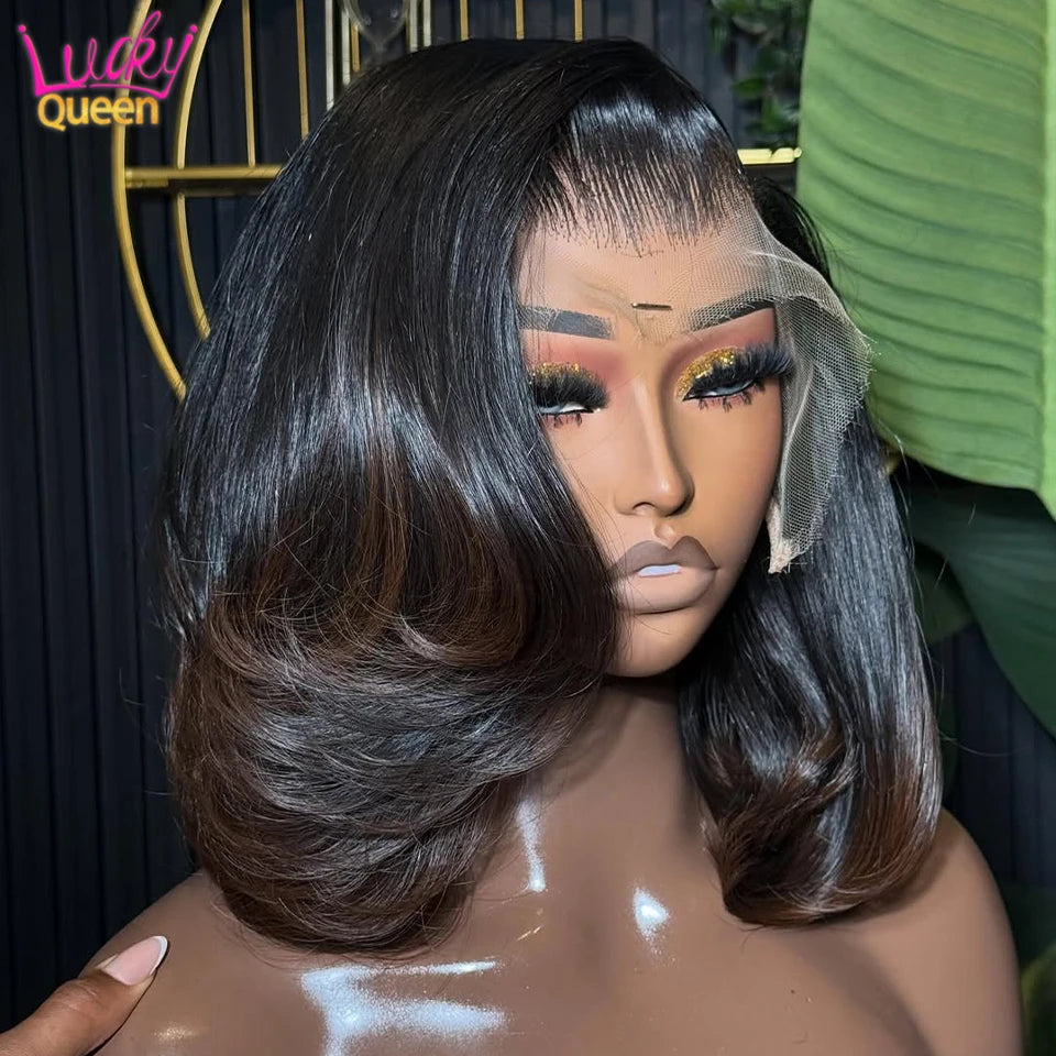 Real Human Hair Wig Body Wave Ombre Brown Colored Short Bob Hair 13x4 Lace Front Human Hair Wigs For Women  Upgrade Glueless
