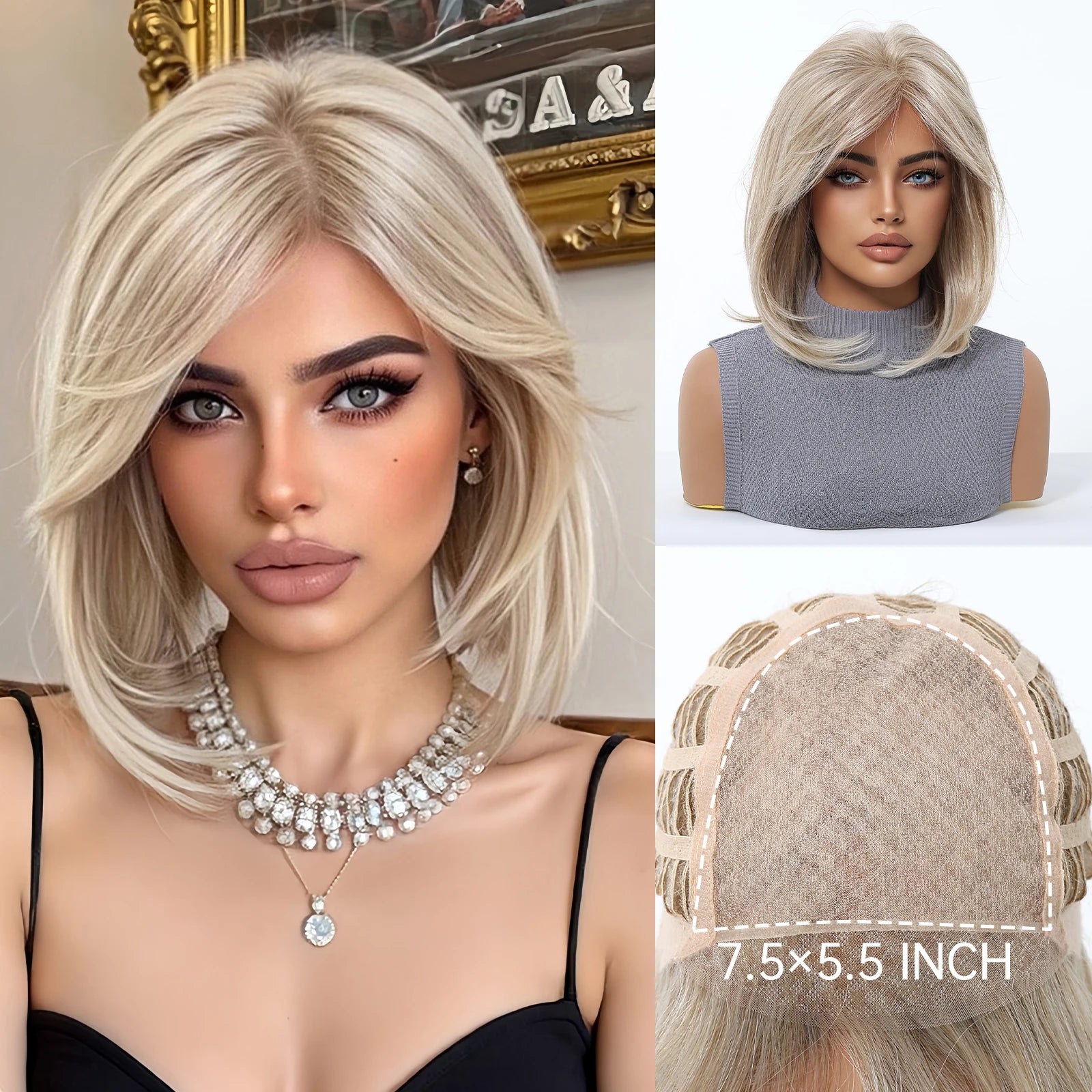 MONO Lace Frontal Synthetic Wigs Short Straight Bob Wig Highlight Gray Brown Blonde Mixed Wig for Women Daily wig Hear Resistant
