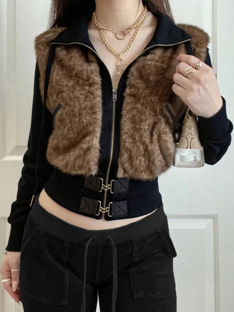 AltGoth Gothic Y2k Warm Jacket Women Vintage Streetwear Harajuku Grunge Emo Alternative Fur Patchwork Long Sleeve Coats Female