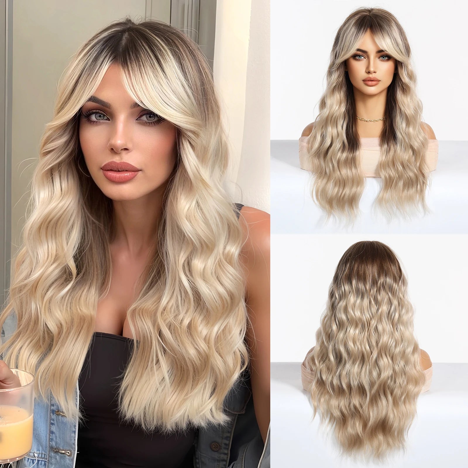 EASIHAIR Long Wavy Synthetic Wigs For Women Brown Blonde Highlight Wavy Wigs With Side Bangs Natural Wave Hair Daily Cosplay Wig