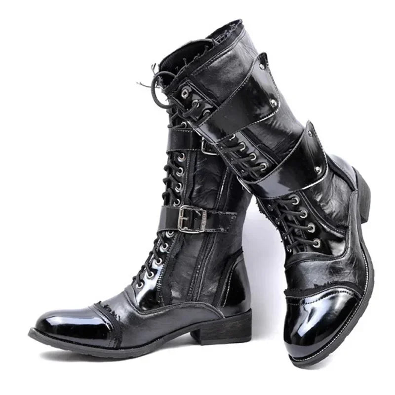 Gothic Punk Cosplay Dance Boots for Men 2025 Fall Winter Mid Leg Patent Leather Warm Motorcycle Boots Male Shoes for Office