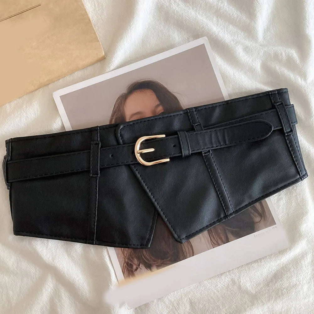 Punk Adjustable Elastic Cummerbunds Black Solid Color Wide Belt PU Leather Waistband Waist Corset Girl