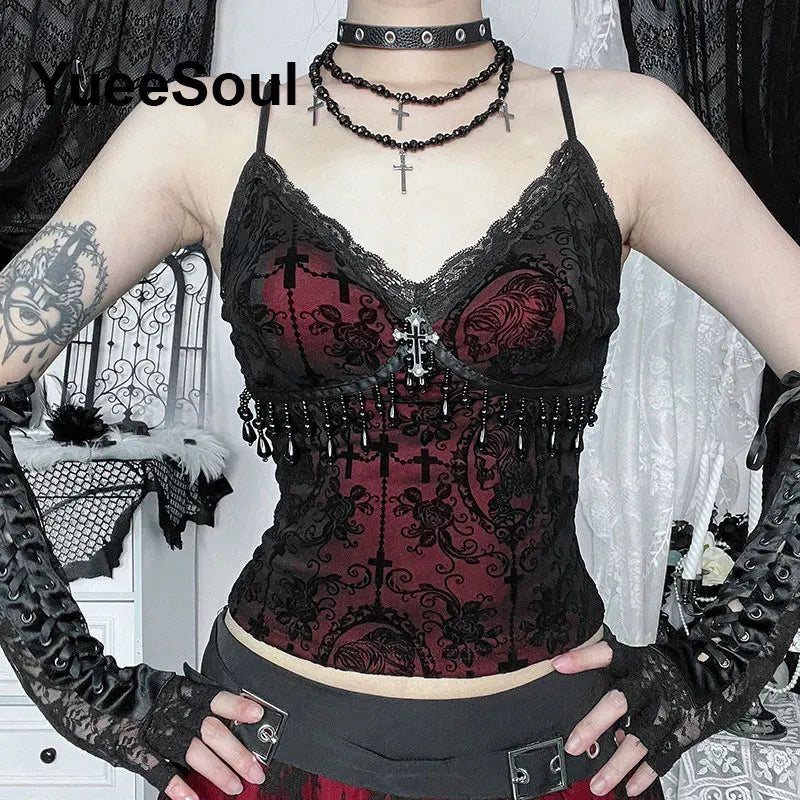 Gothic Crop Tops Black Lace Mesh Tanks Tops 2026 New Y2K Goth Punk Grunge Fairy Core Sexy Y2K Halloween 2000s Women Clothing
