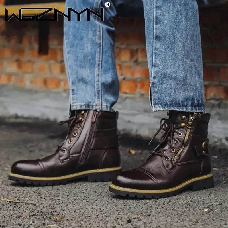 Men Motorcycle Leather Boots Double Zipper Square Heel Males Shoes Fashion Leisure Design Men Cycling Boot 2025 Autumn Winter