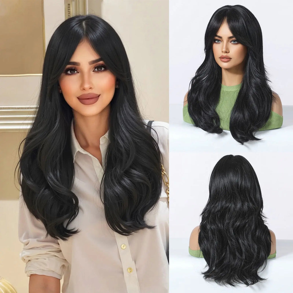 EASIHAIR Long Wavy Synthetic Wigs For Women Brown Blonde Highlight Wavy Wigs With Side Bangs Natural Wave Hair Daily Cosplay Wig