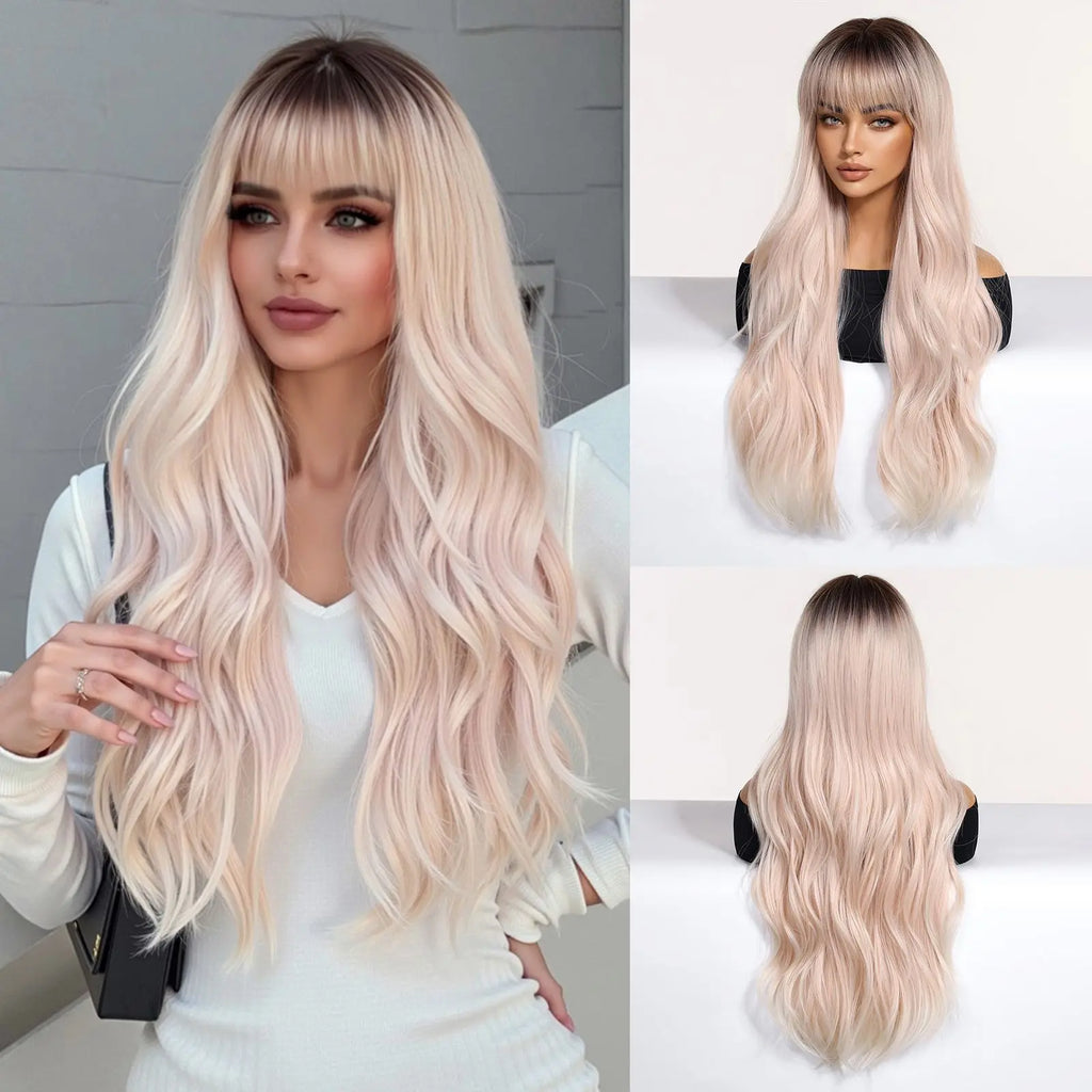 EASIHAIR Long Wavy Synthetic Wigs For Women Brown Blonde Highlight Wavy Wigs With Side Bangs Natural Wave Hair Daily Cosplay Wig